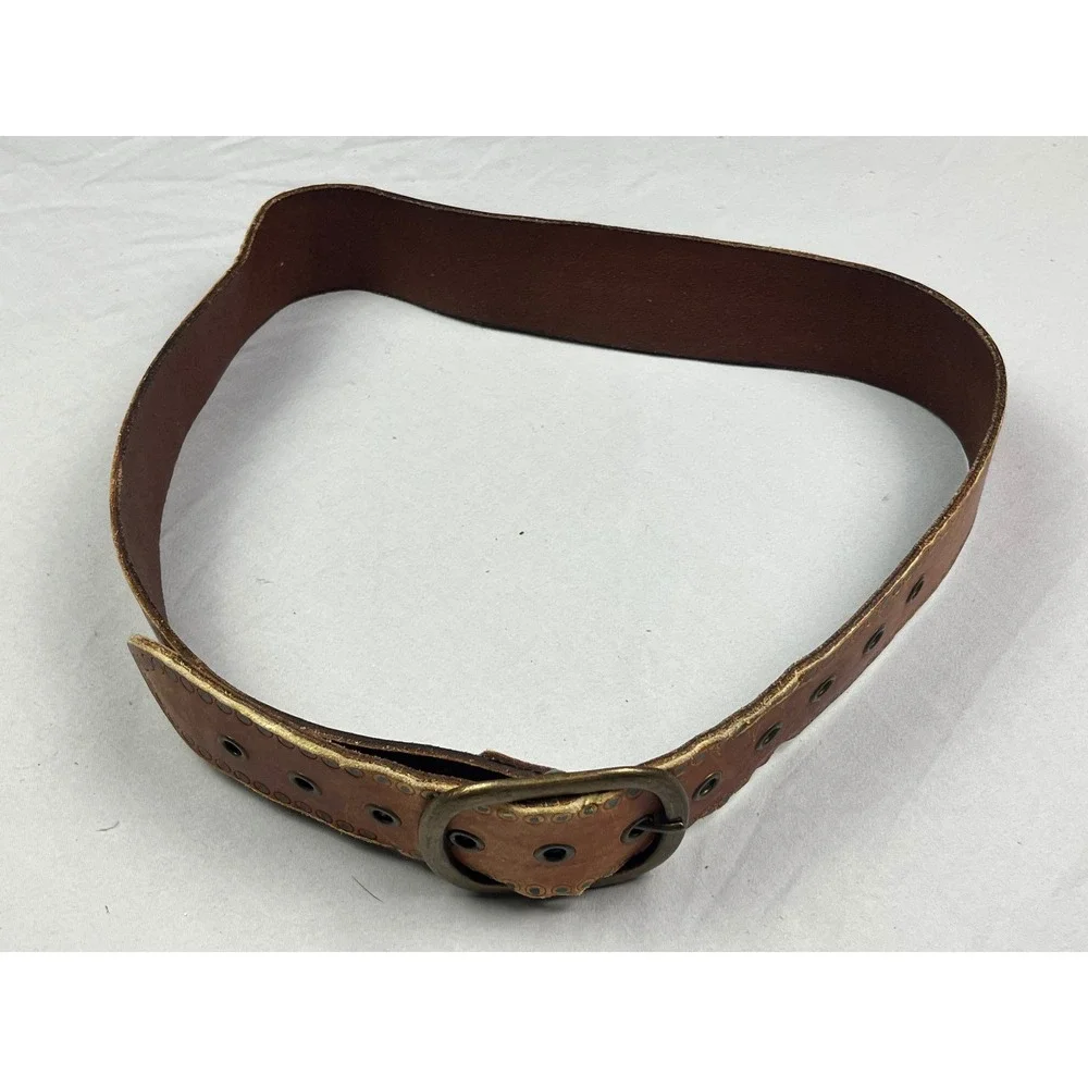 Hollister Tan Genuine Leather Grommet Belt Turquoise Dots Brass Buckle Small